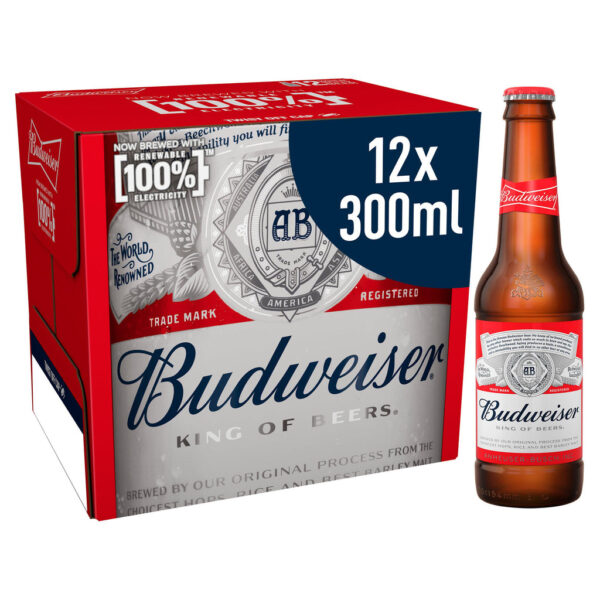 BUDWEISER LAGER BEER BOTTLES 12 X 300ML